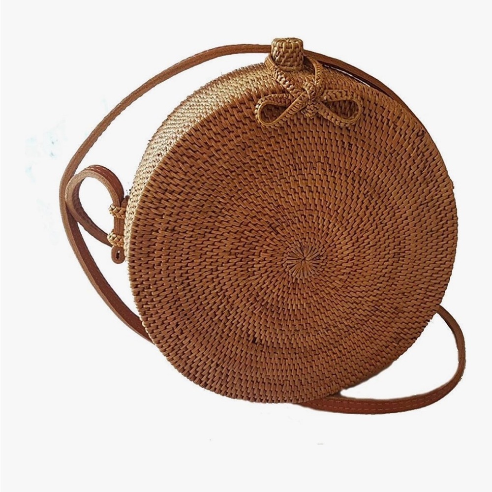 Round Woven Tan Crossbody Bag